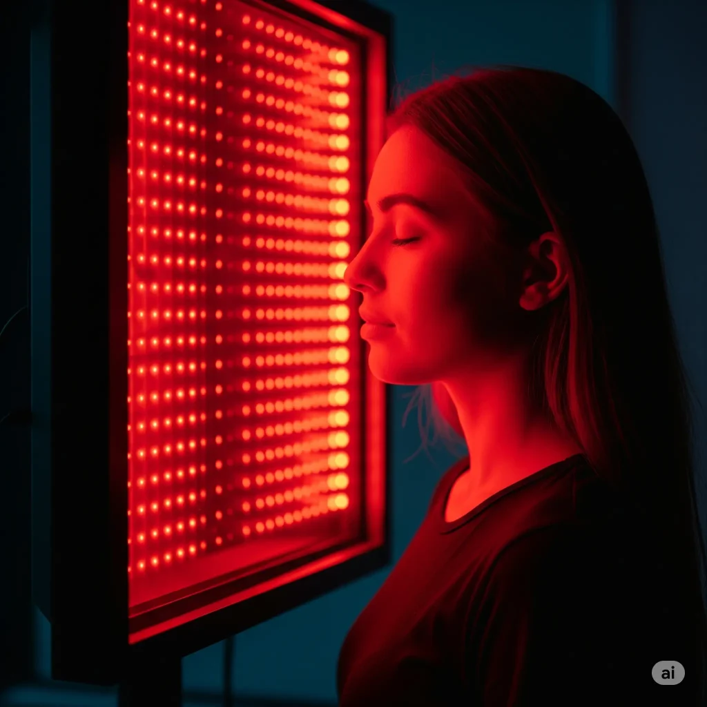 une femme qui met en lumière la technologie de la photobiomodulation.