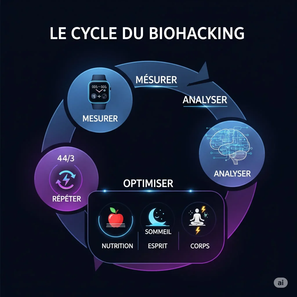Infographie décrivant le cycle du biohacking en 4 étapes : Mesurer, Analyser, Optimiser (Nutrition, Esprit, Corps) et Répéter, avec des icônes futuristes.